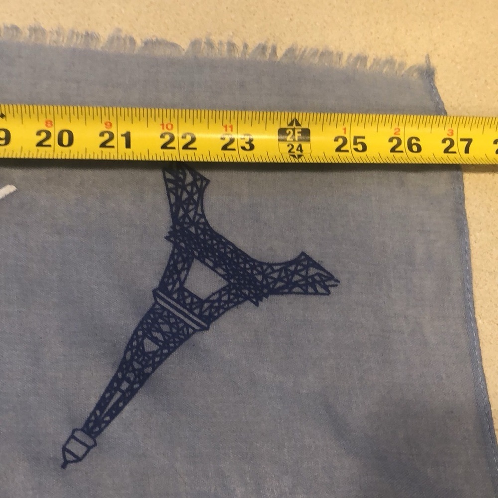 LARGE PARIS THEMED FRINGED SCARF COTTAGE BLUE WITH WHITE PRINT - Picture 14 of 16